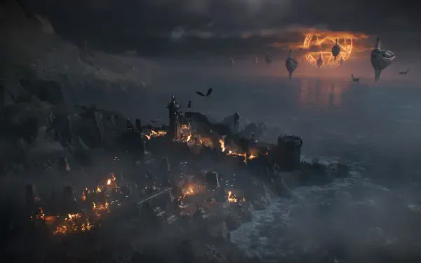 A dramatic HD background from DOOM: The Dark Ages, featuring a haunting landscape with a burning castle and ominous skies, evoking a sense of suspense and adventure.