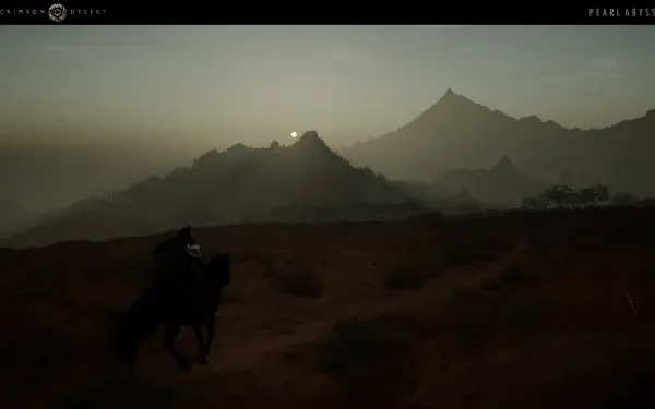 A stunning 4K Ultra HD wallpaper from the video game Crimson Desert, showcasing a rider on horseback against a backdrop of majestic mountains at sunrise.