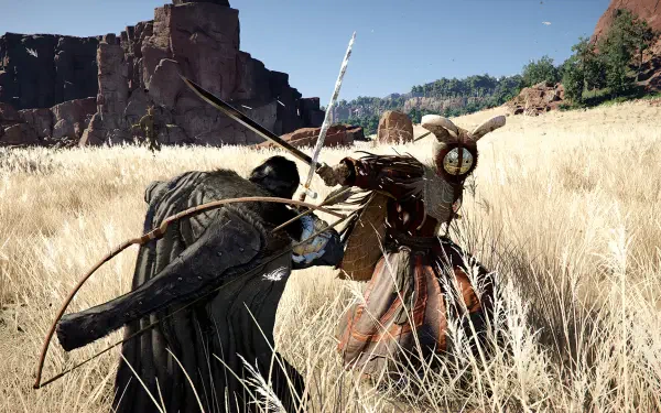 A dramatic scene from the game Crimson Desert, featuring a character in battle with a whimsical foe in a golden grassland setting, showcasing rich detail and vibrant natural landscapes.