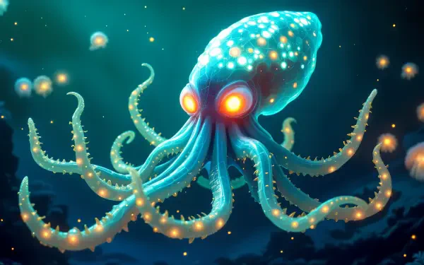 A glowing deep sea creature with vibrant, sparkling tentacles swims through an underwater scene, showcasing mesmerizing details in this stunning 4K Ultra HD desktop wallpaper.