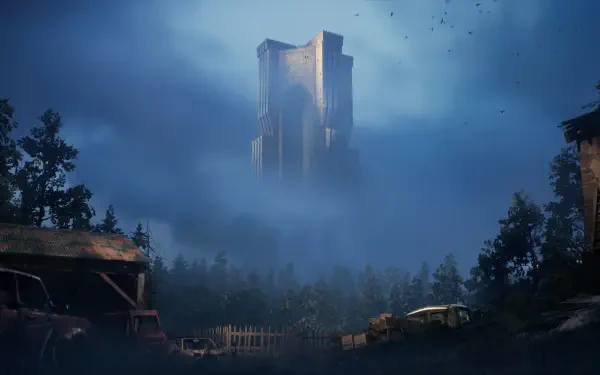 A haunting HD desktop wallpaper from the video game Hell is Us, featuring a towering structure shrouded in mist, surrounded by dense forest and remnants of abandoned vehicles.
