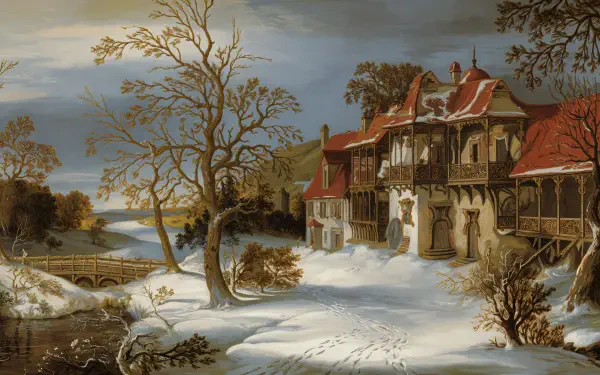 A serene winter scene depicting a charming house blanketed in snow, with bare trees and a tranquil river, creating a picturesque 4K Ultra HD desktop wallpaper.