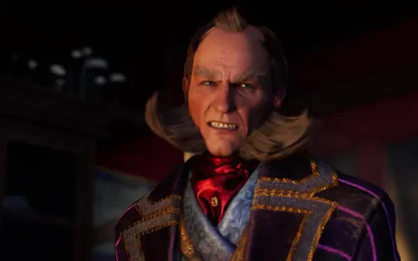 A close-up of a character from the video game Clockwork Revolution, featuring intricate clothing and an intense expression, set against a dark, atmospheric background. 4K Ultra HD quality.