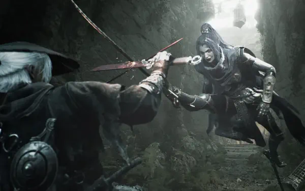 A dynamic scene from the video game Phantom Blade Zero, featuring a confrontation between two characters in a dark, atmospheric setting, showcasing high-definition detail and intensity.