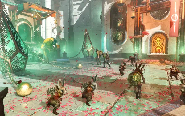 A vibrant 4K Ultra HD wallpaper from the video game Light No Fire, showcasing an intriguing scene with characters in a colorful, dynamic environment adorned with petals.