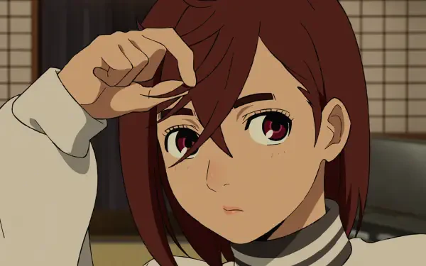 HD anime desktop wallpaper featuring Momo Ayase from Dandadan, depicted with short brown hair and expressive eyes in a casual pose.