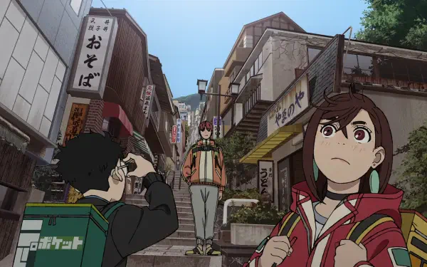 Anime HD PC desktop wallpaper from Dandadan: Momo Ayase and Jin Enjouji in the foreground while Ken Takakura stands atop sunlit city steps, vibrant urban street scene background.