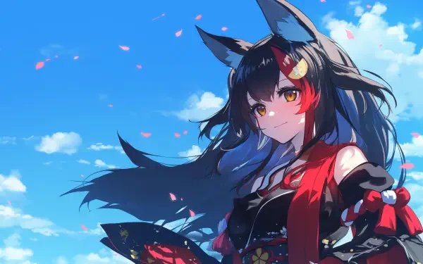A vibrant HD wallpaper featuring Ookami Mio, a popular Hololive Virtual Youtuber, with striking wolf ears and flowing hair against a bright blue sky.