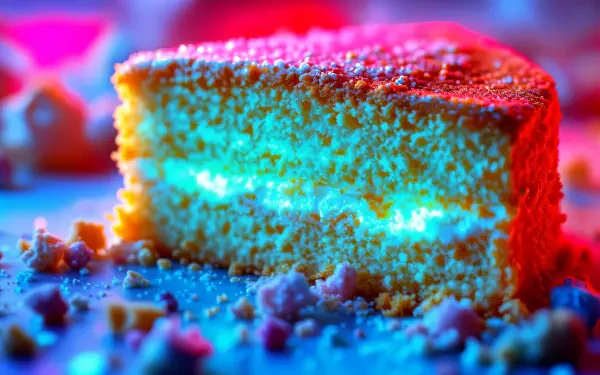 A vibrant close-up of a sponge cake slice, showcasing its soft texture and creamy filling, set against a colorful background. Ideal for a 4K Ultra HD desktop wallpaper.