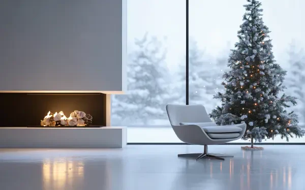 A minimalist holiday scene featuring a modern chair beside a glowing fireplace, with a beautifully decorated Christmas tree and a snowy landscape visible through large windows. 4K Ultra HD wallpaper.
