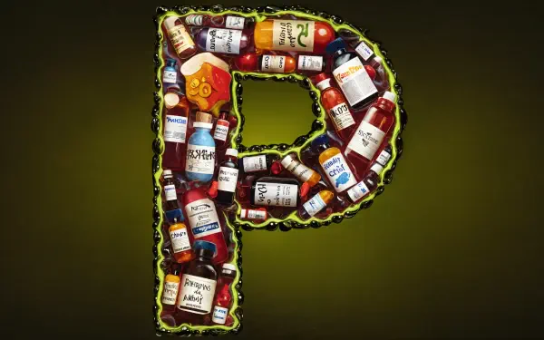 A vibrant 4K Ultra HD wallpaper features the letter P composed of various colorful bottles, set against a dark green background, creating a striking visual impact.