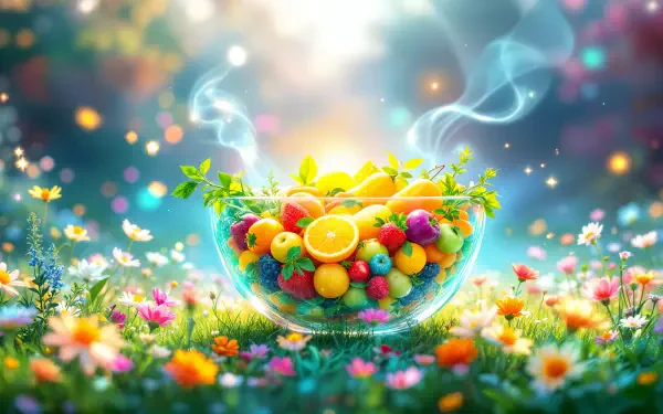 A vibrant bowl of colorful fruits surrounded by flowers, set against a dreamy, softly lit background. A beautiful 4K Ultra HD desktop wallpaper celebrating healthy eating.