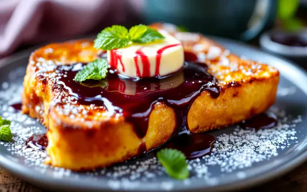 Deliciously golden French toast with a rich berry sauce and a pat of butter, garnished with mint, featured as a stunning 4K Ultra HD desktop wallpaper.
