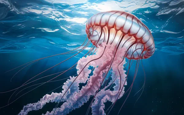 A stunning 4K Ultra HD wallpaper featuring a vibrant jellyfish gracefully swimming through clear blue waters, showcasing its intricate tentacles and ethereal beauty.