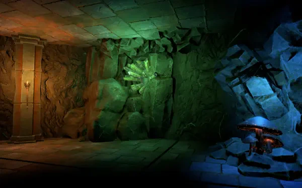 An HD desktop wallpaper for the video game Pantheon: Rise of the Fallen, featuring a mystical underground scene with glowing rocks and an otherworldly atmosphere.