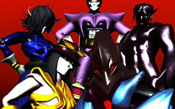 2K Quad HD PC desktop wallpaper/background: Acid Code featuring Kathro Prage, Semiah, Metal Medallion and Geratome — five glossy armored characters in vibrant colors on a red background.