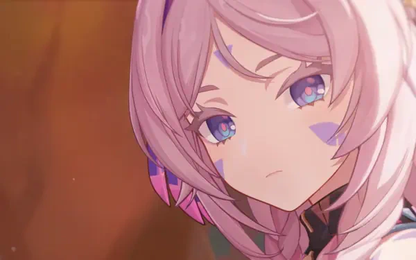 HD PC desktop wallpaper of Citlali from the Genshin Impact video game: close-up portrait of a pink-haired girl with purple-blue eyes and triangular face markings, soft warm background.