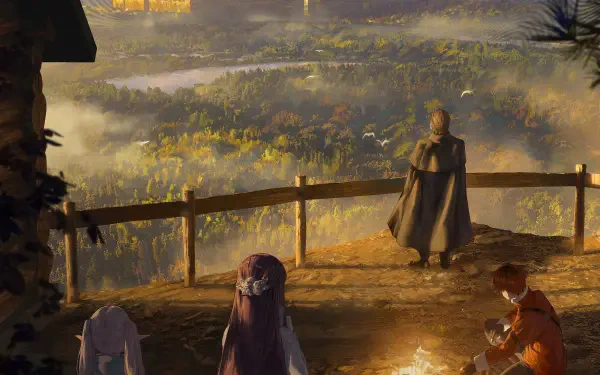 Anime HD desktop wallpaper featuring characters Frieren, Fern, and Stark from Frieren: Beyond Journey's End overlooking a scenic, misty forest landscape at sunrise.