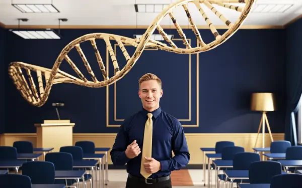 A confident young man stands in a classroom adorned with a striking DNA helix above him, serving as a vibrant backdrop for this 4K Ultra HD biology desktop wallpaper.