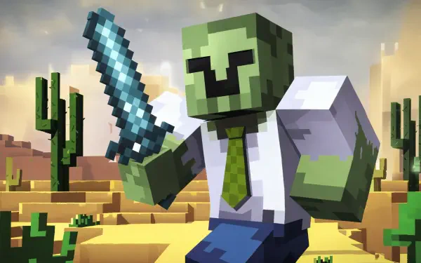 A Minecraft zombie character dons a shirt and tie, brandishing a sword amidst a desert landscape, captured in vibrant 4K Ultra HD for a dynamic desktop wallpaper.