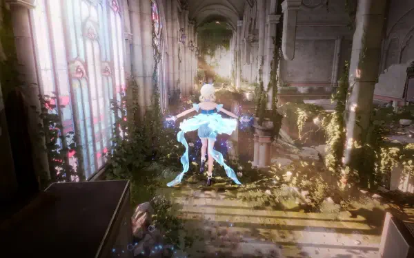 A captivating scene from the video game Infinity Nikki, featuring a character in a flowing blue outfit, surrounded by an overgrown, sunlit corridor with stained glass windows.