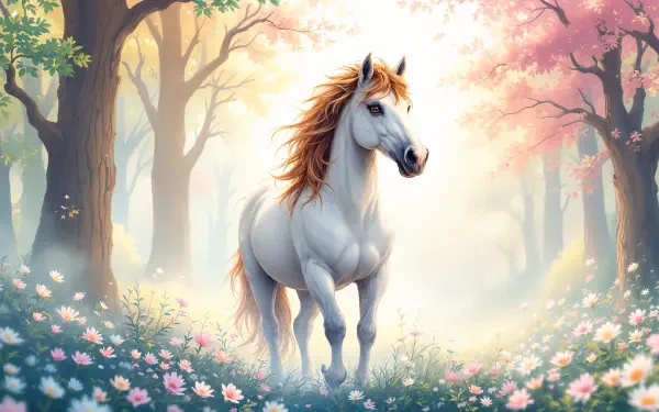 A majestic white horse stands amidst a vibrant forest, surrounded by colorful flowers and soft light, creating a serene and enchanting atmosphere in this 4K Ultra HD desktop wallpaper.