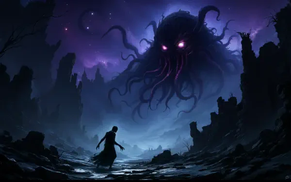 A figure stands in a desolate landscape, facing a massive Lovecraftian horror looming in a dark, starry sky. This 4K Ultra HD wallpaper captures the essence of cosmic dread.