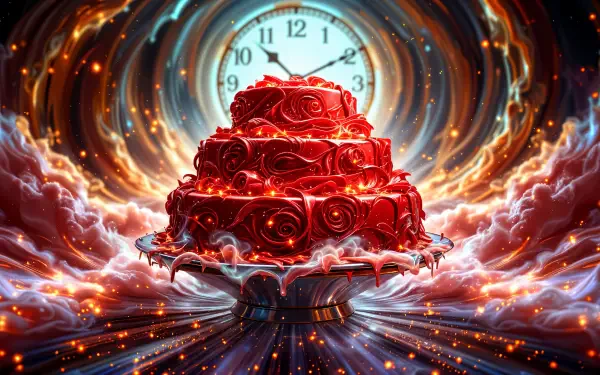 A stunning red velvet cake adorned with decorative swirls, set against a vibrant, cosmic background and a clock, creating a captivating 4K Ultra HD wallpaper.