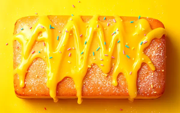 A vibrant lemon drizzle cake topped with a glossy yellow glaze and colorful sprinkles, set against a bright yellow background, designed as a 4K Ultra HD PC desktop wallpaper.
