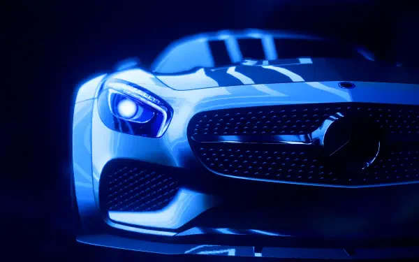 Close-up front view of a blue-lit Mercedes-Benz sports car, styled for Need for Speed Heat, 2K Quad HD PC desktop wallpaper and background.