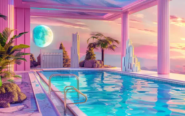 A vibrant scene featuring a serene pool surrounded by pink columns, palm trees, and a dreamy landscape, making it a stunning 4K Ultra HD desktop wallpaper and background.
