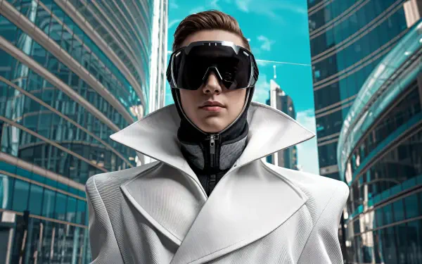 A futuristic time traveler stands confidently in a sleek white coat and high-tech goggles, set against a backdrop of modern skyscrapers. 4K Ultra HD PC desktop wallpaper.