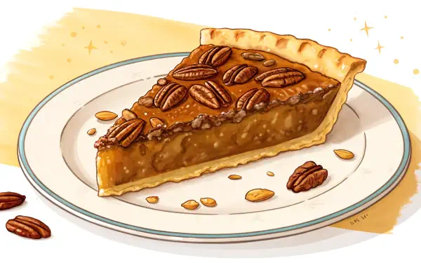 A slice of pecan pie sits on a decorative plate, showcasing the rich filling topped with whole pecans, perfect for a 4K Ultra HD desktop wallpaper.