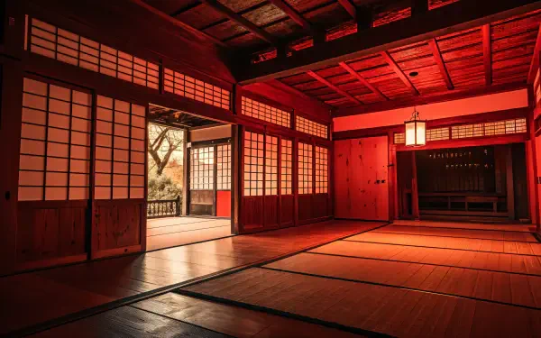 A serene dojo interior featuring warm wooden tones and shoji screens, illuminated by soft lighting, creating a tranquil and inviting atmosphere for meditation or practice. 4K Ultra HD PC desktop wallpaper.
