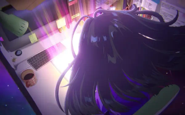 A captivating anime-themed HD desktop wallpaper featuring a character with long hair, surrounded by a vibrant, glowing workspace filled with books and a laptop.