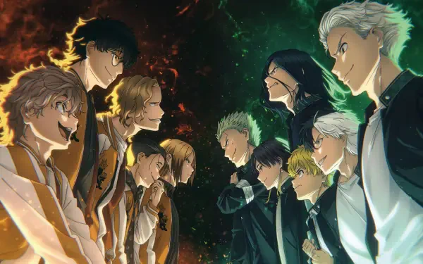 HD PC desktop wallpaper featuring characters from Wind Breaker facing off in two opposing groups under a dramatic sky with fiery and green hues.