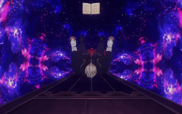 An HD desktop wallpaper from the anime Fate/strange fake, featuring a character suspended on a path with a mystical background of stars and swirling colors, highlighted by an open book above.