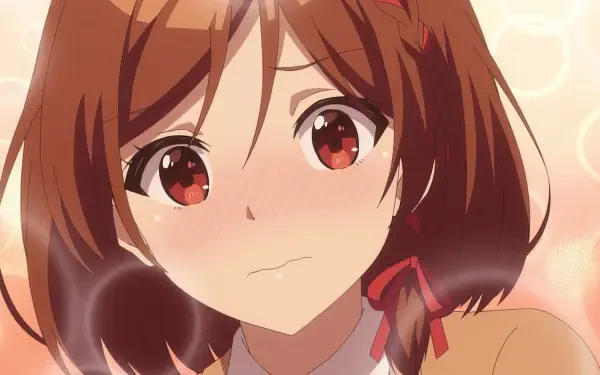 Close-up of a blushing anime girl with brown hair and red eyes from I'm Getting Married to a Girl I Hate in My Class, featured as an HD PC desktop wallpaper.