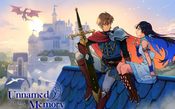 A vibrant 4K Ultra HD anime wallpaper from Unnamed Memory featuring a hero with a sword and a companion on a rooftop, overlooking a majestic castle and dragon in the background.