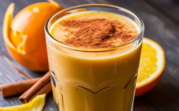 A refreshing smoothie topped with cinnamon, surrounded by fresh oranges and cinnamon sticks, captured in vibrant detail for a 4K Ultra HD desktop wallpaper.