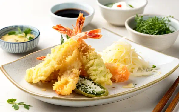 A vibrant display of tempura, featuring golden-battered shrimp and vegetables, served with dipping sauces and garnishes, making for a stunning 4K Ultra HD desktop wallpaper and background.