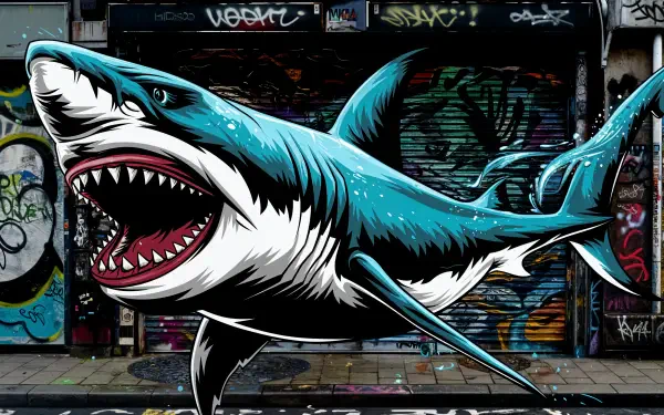 A vibrant 4K Ultra HD desktop wallpaper featuring a Megalodon shark against a backdrop of colorful graffiti, showcasing dynamic art and marine energy.