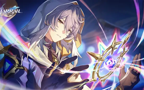 HD PC desktop wallpaper featuring Sunday from Honkai: Star Rail, depicted with glowing magical elements and a dynamic, vibrant background.