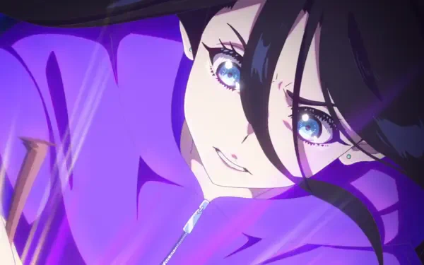 HD anime desktop wallpaper featuring a close-up of a determined female character with vibrant blue eyes, rendered in Zenshu style by Natsuko Hirose.