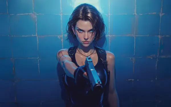 AI Art 5K Ultra HD PC desktop wallpaper: intense cyberpunk woman pointing a handgun at the viewer against a blue-tiled wall, dramatic cool lighting.