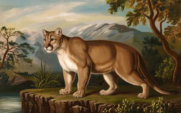 A majestic mountain lion stands on a rocky ledge, surrounded by lush vegetation and mountains in the background, captured in stunning 4K Ultra HD for a desktop wallpaper.