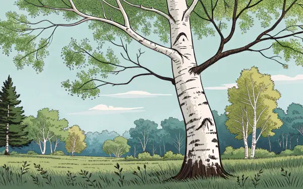 A serene birch tree stands prominently in a lush green landscape, with a backdrop of diverse trees under a light blue sky, captured in vibrant 4K Ultra HD quality.