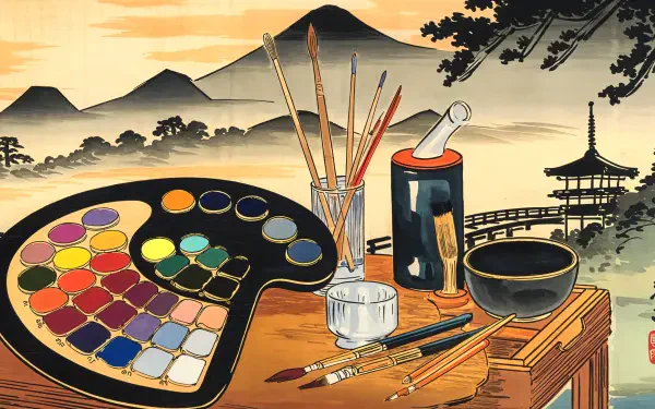 A serene scene featuring an artistic workspace with a vibrant color palette, paintbrushes, and tools, set against a tranquil landscape background. Ideal as a 4K Ultra HD desktop wallpaper.