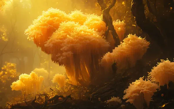 A vibrant lion's mane mushroom cluster illuminated by golden light, set against a mystical forest backdrop. This stunning image serves as a 4K Ultra HD desktop wallpaper.