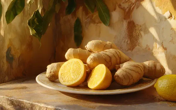 A plate of fresh ginger and sliced lemons sits on a rustic table, surrounded by leafy greenery. This vibrant 4K Ultra HD wallpaper captures the essence of natural ingredients.